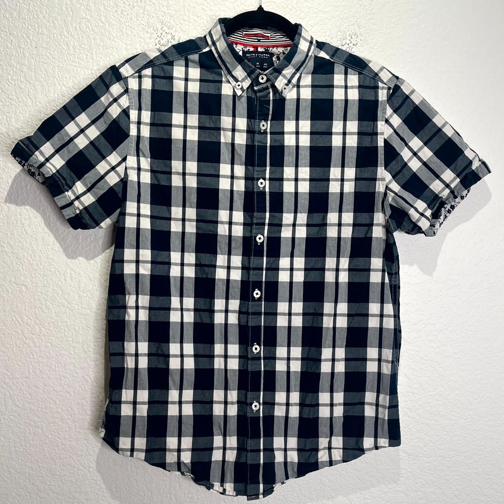 Denim & Flower Ricky Singh‎ Shirt Mens M White Blue Gingham Slim Fit Button Down